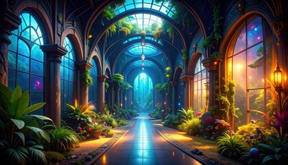 Poster - Vibrant Hallway with Alien Creatures in Enclosures and Lush Plants