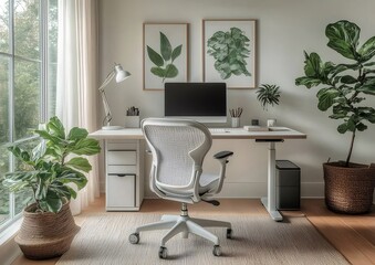 Poster - 白いワークデスクとモダンチェア 窓の横に飾られたフレームと植物のある明るい室内空間