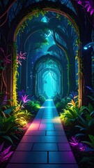 Poster - Vibrant Bioluminescent Forest Hallway Surrounded by Glowing Plants