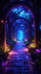 Poster - Vibrant Bioluminescent Forest Hallway with Glowing Plants and Lights