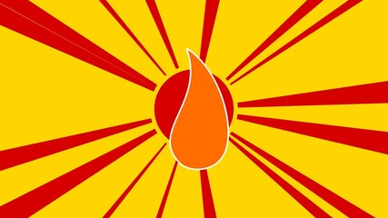 Poster - Flame symbol on the background of animation from moving rays of the sun. Large orange symbol increases slightly. Seamless looped 4k animation on yellow background