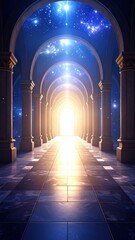 Poster - Ethereal Hallway Leading to a Bright Light with Cosmic Background