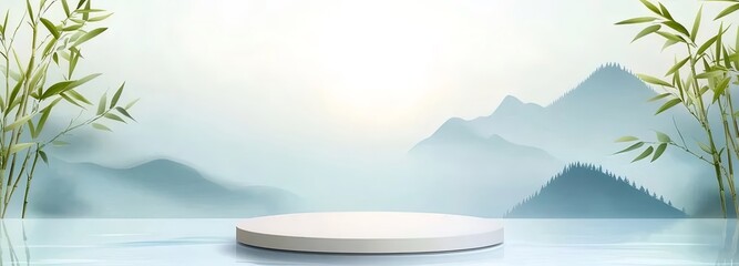 Poster - 水面と山の風景を背景に白い円形プラットフォームと緑の竹の葉の装飾