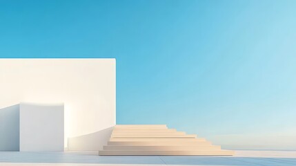 Poster - 白い壁と階段と青い空のミニマルな幾何学的デザインの日中の屋外シーン