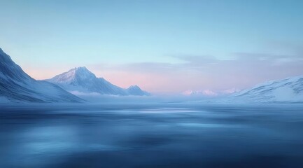 Aufkleber - 雪山と凍った湖のパノラマ風景 朝焼けの空と淡い色合いの風景