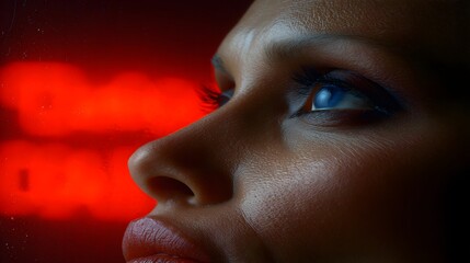 Poster - A striking portrait of a person in a rain-soaked city at night, neon reflections