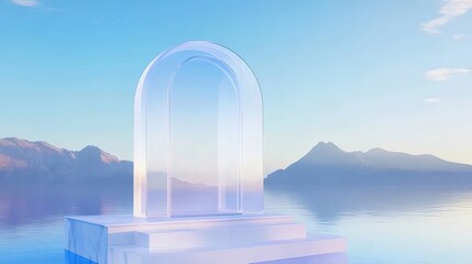 Fototapete - 水面に浮かぶ透明なアーチ構造 青い空と山を背景に静寂と調和を表現した抽象的なビジュアル