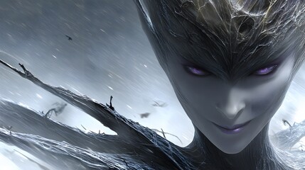 Poster - A dark elf with shadowy armor and piercing violet eyes, moody fantasy