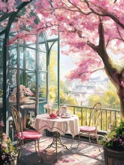 Aufkleber - ピンク色の桜が咲き誇るテラス席 テーブルと椅子が置かれたバルコニーからの眺め 鮮やかなピンク色の花と柔らかな光が織りなす風景