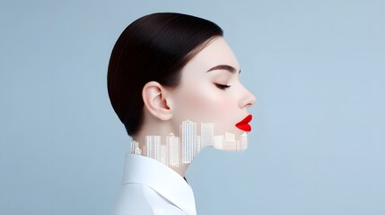 Poster - A double exposure effect portrait blending a cityscape and a face
