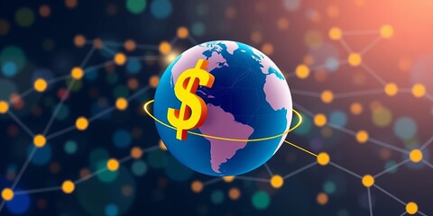Poster - Global financial network, dollar symbol orbiting globe, flat icon design,  finance,  flat