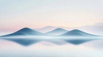 Aufkleber - 青い山並みと霧に包まれた湖面の静寂な風景 パステルカラーの穏やかな日の出の光景