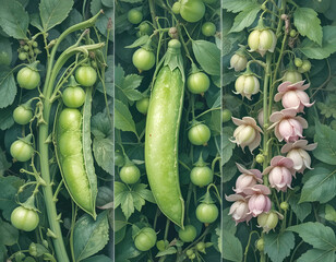 Aufkleber - Green Edible Pods and Flowers of Chinese Lantern Plant on Vine in a Close Up Still