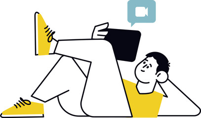 Poster - Man video call communication online meeting conference webinar digital technology connection device relax 100 vector art illustration