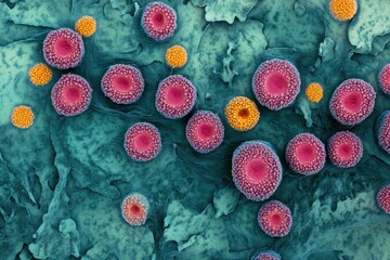 Poster - Microscopic illustration of pox virus displaying distinct colors and structures in cellular environment, Microscopic illustration of mpox monkeypox virus Soft zoom in