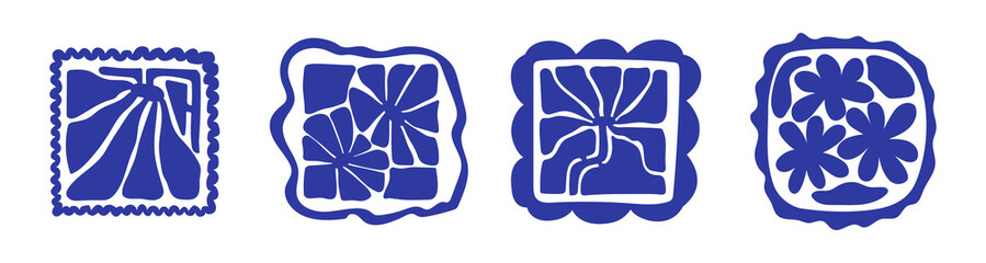 Fototapete - Matisse curves aestethic. Abstract flower art set. Organic doodle shapes in trendy naive retro style. Contemporary posters and backgrounds. Floral botanic vector illustrations in blue colors.