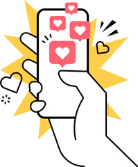 Poster - Hand holding phone with heart notifications social media likes love feedback engagement marketing online vector art illustration