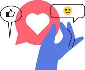 Poster - Hand holding love heart like social media feedback message communication network engagement sharing comment vector art illustration