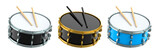 Set of drums and wooden drum sticks on white background. 3d render concept of musical instrument, drum machine.