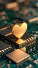 Poster - Golden heart symbol resting on a computer chip with a circuit board background displaying intricate patterns and bokeh lights.