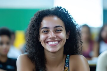 Poster - Smiling student with crossed arms in a classroom setting, smiling with crossed arms in the classroom on an adult course in Brazil