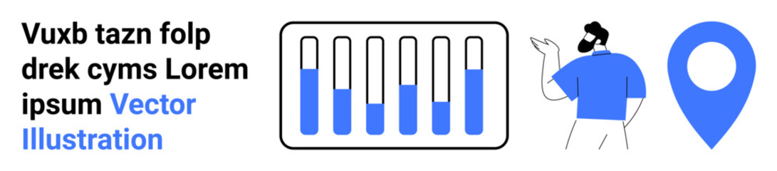 Poster - bar chart with fluctuating data, man pointing at details, and location pin symbolizing data analysis