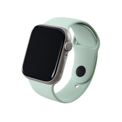 Poster - Modern smart watch with light green strap on white background close-up