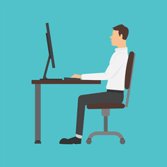 Poster - Correct sitting posture. Flat style vector illustration of an office worker at a desk, using a computer