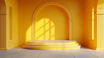 Poster - Bright yellow architectural space with podium for product showcase and window light play