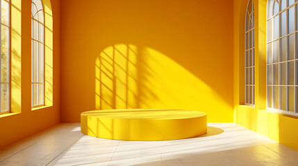 Poster - Bright yellow interior with podium and window shadows product display template backdrop