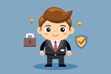 Poster - Character representing cybersecurity in a professional suit with symbols of security and trust