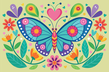 Poster - Colorful butterfly surrounded by flowers and hearts in vibrant design for joyful decoration