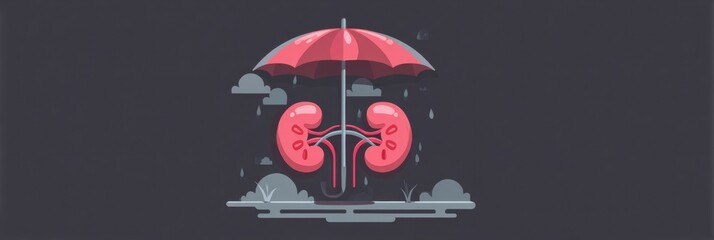 Poster - Illustration of Kidneys Protected by an Umbrella Surrounded by Rain and Clouds for Health Awareness and Education