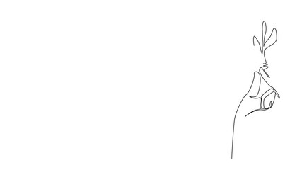 Poster - Animated self drawing of single continuous line drawing hand holding bulb in the middle of which there is plant sprout. Symbol of a brilliant idea. Holding Bulb. Full length single line animation