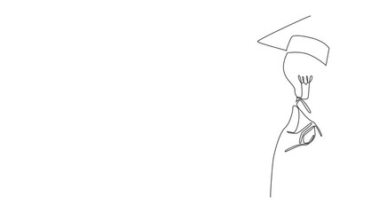 Poster - Self drawing animation of single one line drawing hand holding a bulb on top of which is a graduation cap. A symbol of the desire to achieve the highest education. Holding Bulb. Full length animated