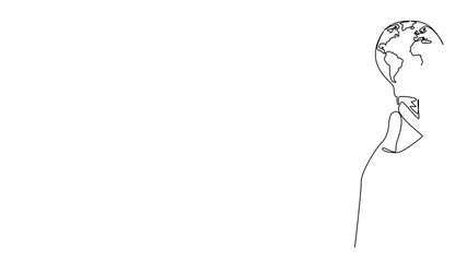 Poster - Animation of one line drawing hand holding a bulb whose surface is like a globe. Symbolism of environmentally electricity. Bright future. Continuous line self drawing animated. Full length motion