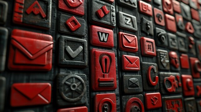 Red icons on dark metal grid
