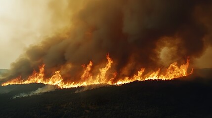 Poster - A massive wildfire consuming an entire valley, flames stretching toward the sky, animals fleeing in terror, thick smoke filling the atmosphere, hyper-realistic environmental destruction