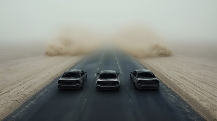 Poster - A post-apocalyptic highway with abandoned cars fused into the melted asphalt, extreme heat warping metal, dust storms rolling through, dramatic climate disaster imagery, cinematic realism
