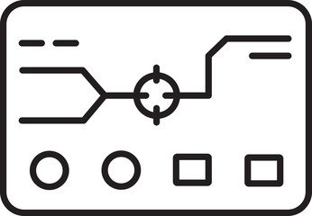 Fototapete - Minimalist black and white icon features circuit like design with lines and shapes, including circles and squares, suggesting technological or digital interface
