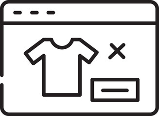 Poster - Simple black and white icon depicts online shopping interface with t shirt symbol, cross mark, and button, representing clothing item removal or cancellation option
