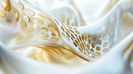 Poster - Abstract close-up of a textured surface with flowing patterns in white and gold tones. The design features intricate holes and smooth curves, creating a modern aesthetic.