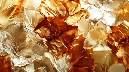 Poster - Abstract background of translucent, crumpled plastic sheets in shades of amber and gold. The texture creates a visually striking pattern.