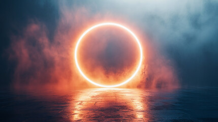 Poster - White magical geometric circle neon portal shrouded in light smoke. Round glowing frame