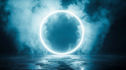 Poster - White magical geometric circle neon portal shrouded in light smoke. Round glowing frame
