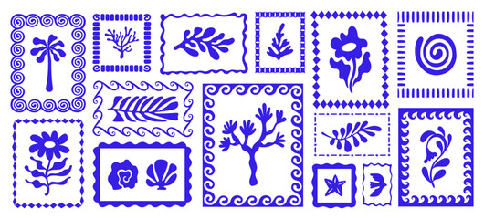 Fototapete - Vector hand drawn graphics, print design templates, summer and vacation theme, tropical illustrations, frames and borders in simple trendy naive cut out style with holiday floral illustrations, patchw
