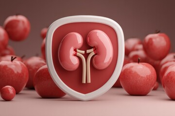 Poster - Kidney Awareness Poster Featuring Kidney on a Shield With Apple Icons, Promoting Health and Nutrition in a Visually Engaging Way