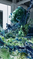 Fototapete - Fluid dynamics: Mesmerizing display of swirling blue and green liquids within modern architecture