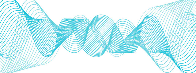 Aufkleber - Abstract, digital-style background with series  intertwined, flowing waveforms made of smooth, fine aqua blue lines. Waves curve and overlap fluidly, stretching horizontally across with soft gradients