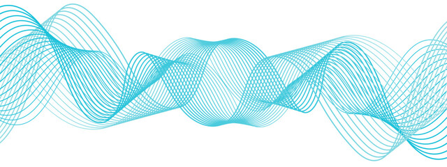 Fototapete - Abstract, digital-style background with series  intertwined, flowing waveforms made of smooth, fine aqua blue lines. Waves curve and overlap fluidly, stretching horizontally across with soft gradients
